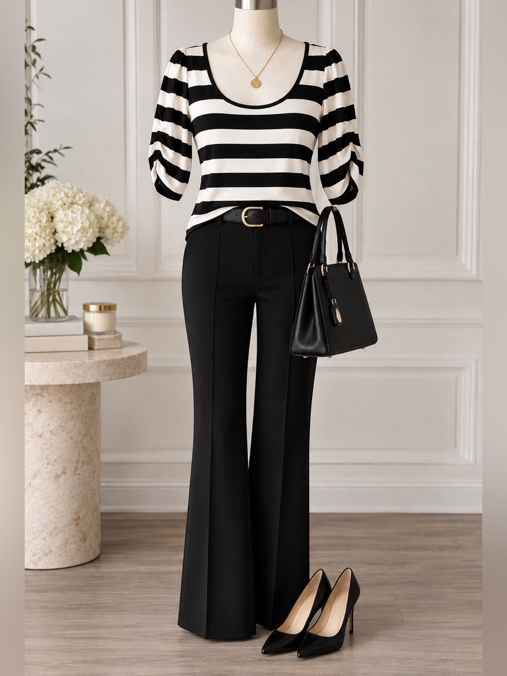 White House Black Market Striped Puff Sleeve Blouse